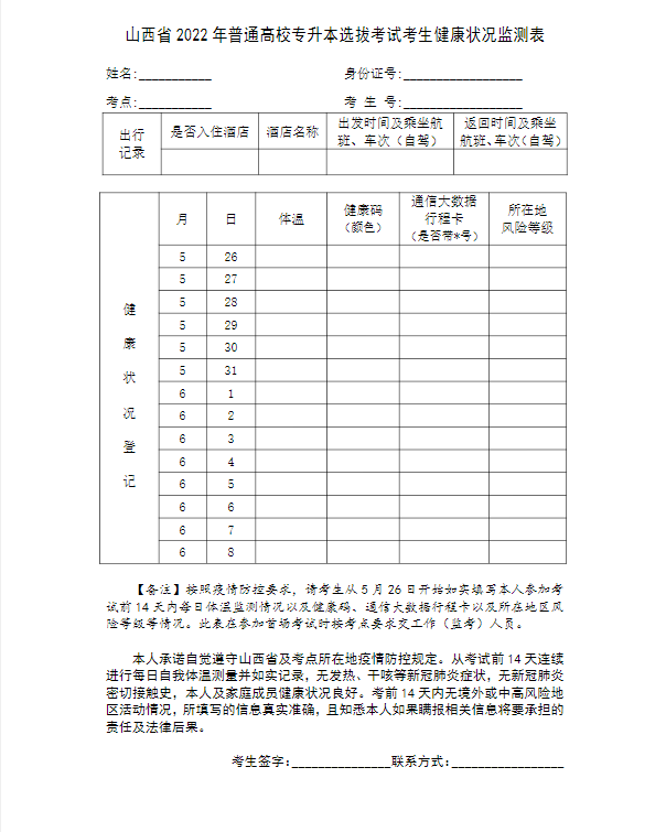 山西省2022年專升本考試考生健康狀況監測表下載 山西省2022年專升本考試考生健康狀況監測表下載