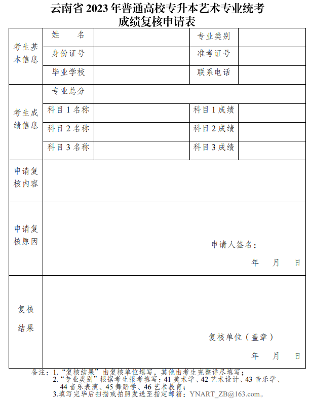 云南省2023年普通高校專升本藝術專業統考成績復核申請表